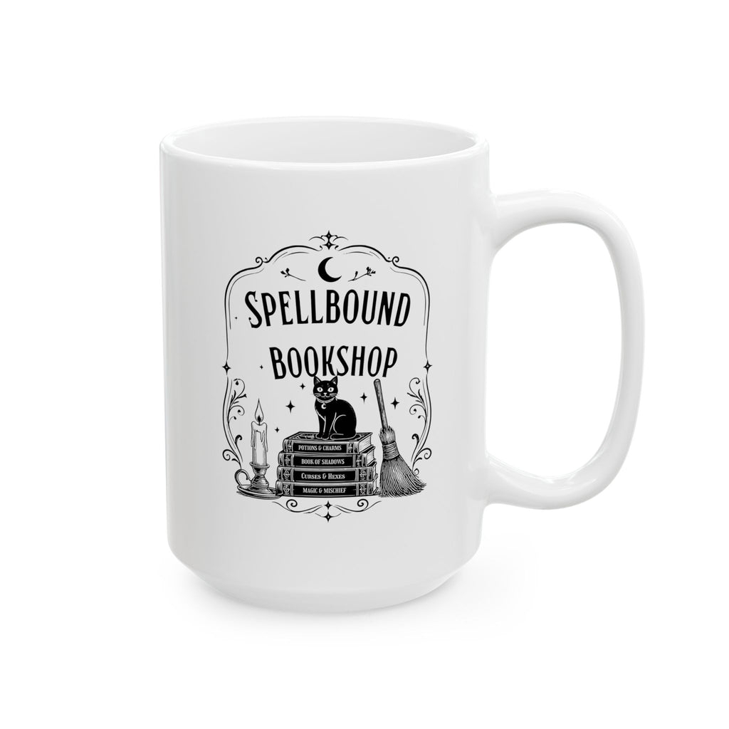 Spellbound Bookshop Mug — Witchy Cat & Stacked Books Coffee Cup
