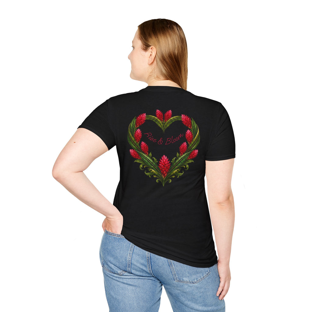 Red Ginger Floral Heart T-Shirt | Tropical Botanical Chest & Back