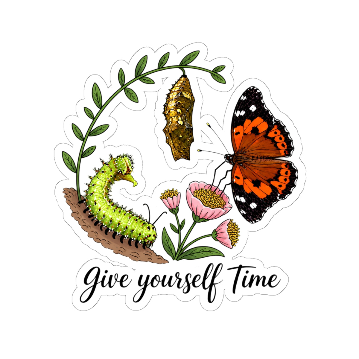Give Yourself Time — Kamehameha Butterfly & Caterpillar Kiss-Cut Sticker