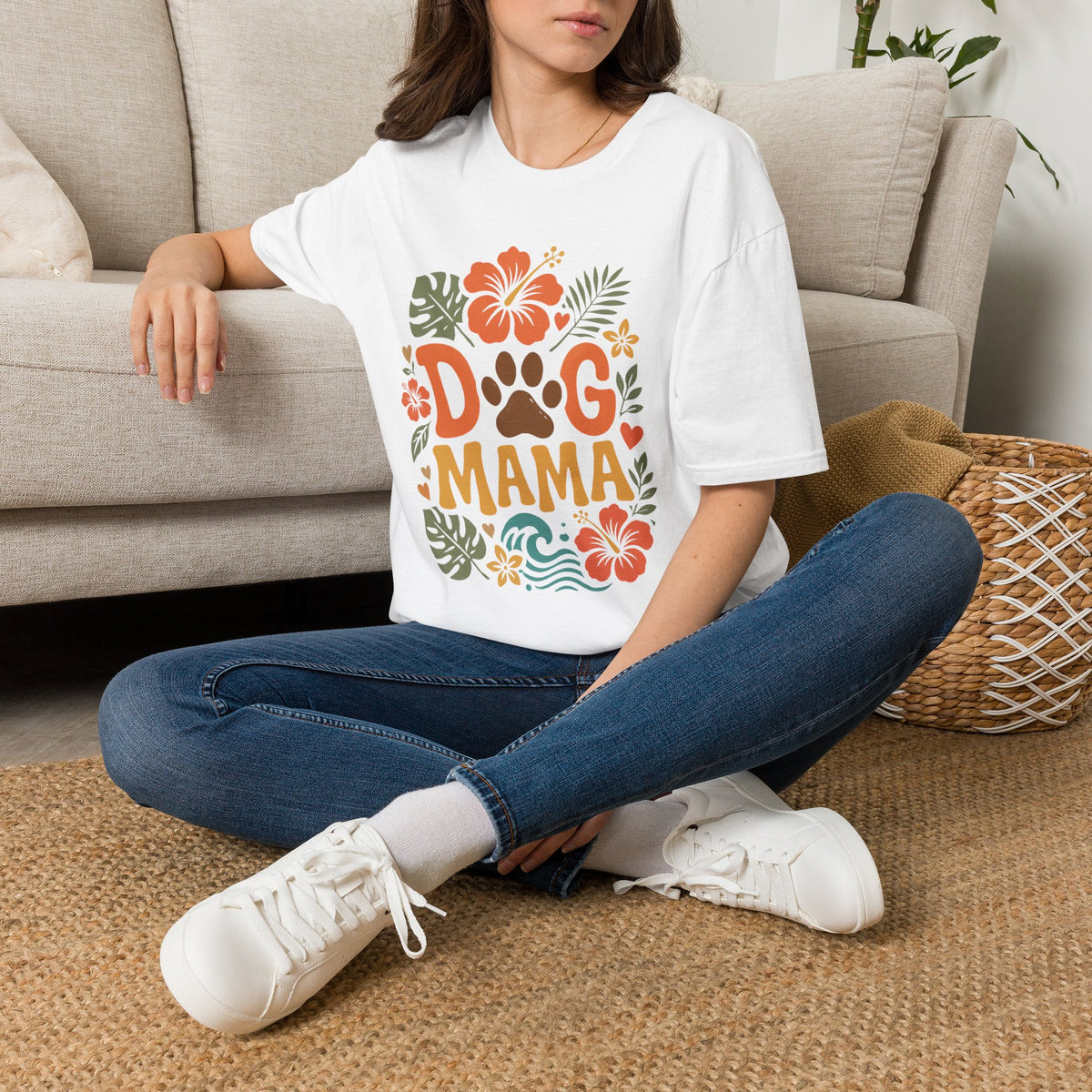 “DOG MAMA” Floral Paw Print Tropical Tee