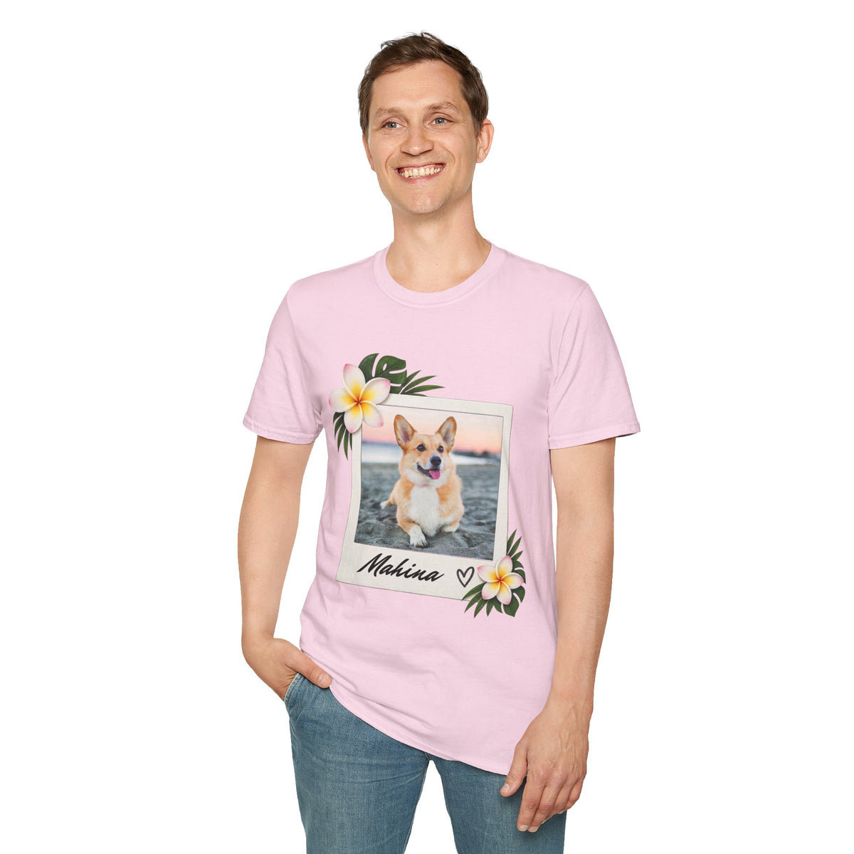 Personalized Pet Photo Polaroid Tee – Floral Frame, Custom Name