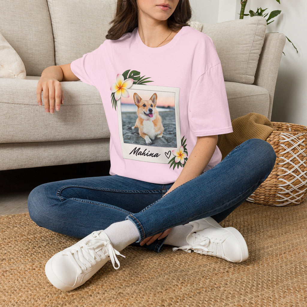 Personalized Pet Photo Polaroid Tee – Floral Frame, Custom Name