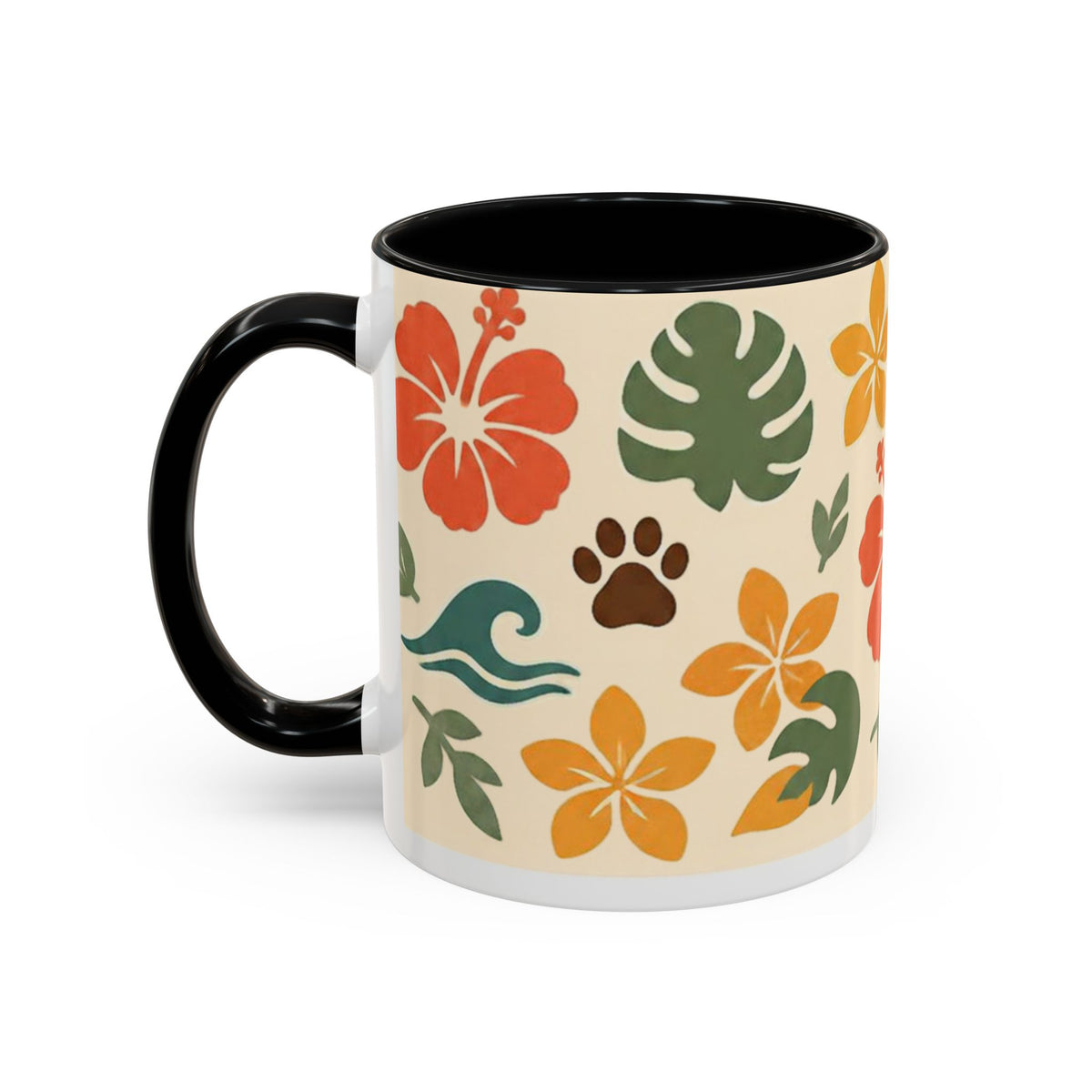 Tropical Hibiscus Paw Print Mug — Floral Coffee Cup for Dog Lovers