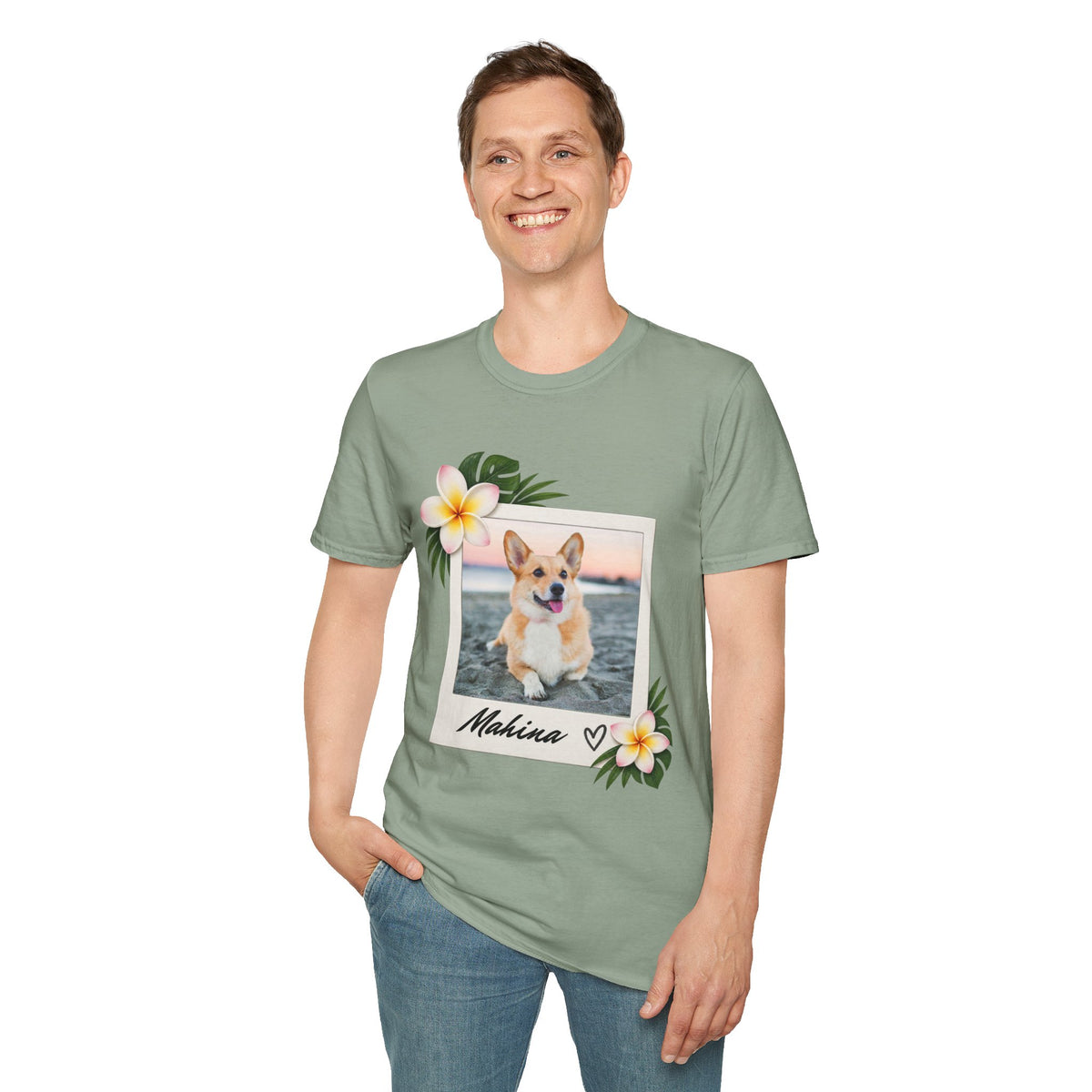 Personalized Pet Photo Polaroid Tee – Floral Frame, Custom Name