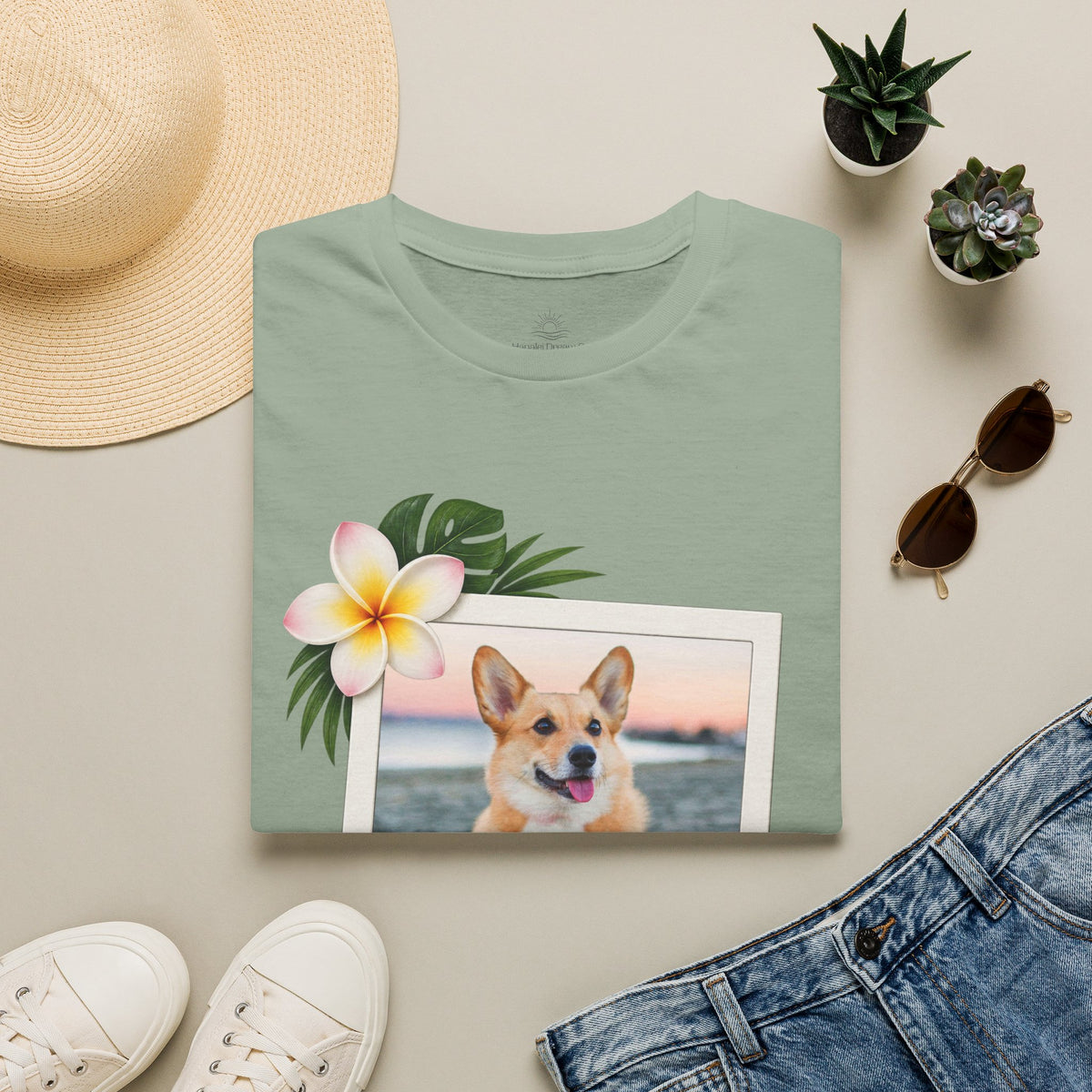Personalized Pet Photo Polaroid Tee – Floral Frame, Custom Name