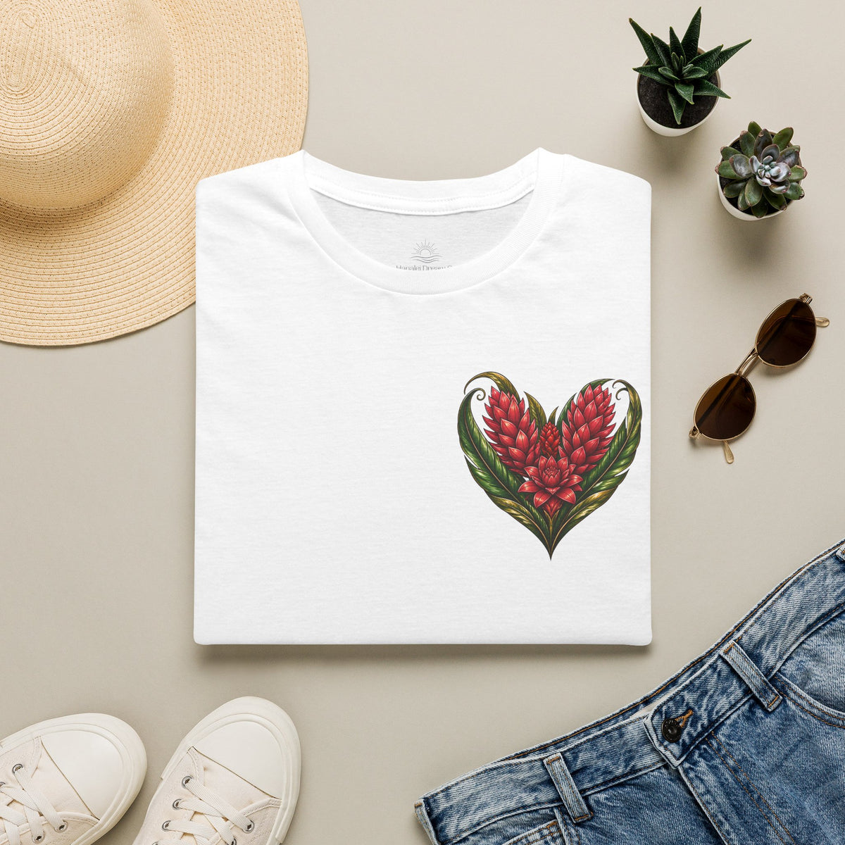 Red Ginger Floral Heart T-Shirt | Tropical Botanical Chest & Back