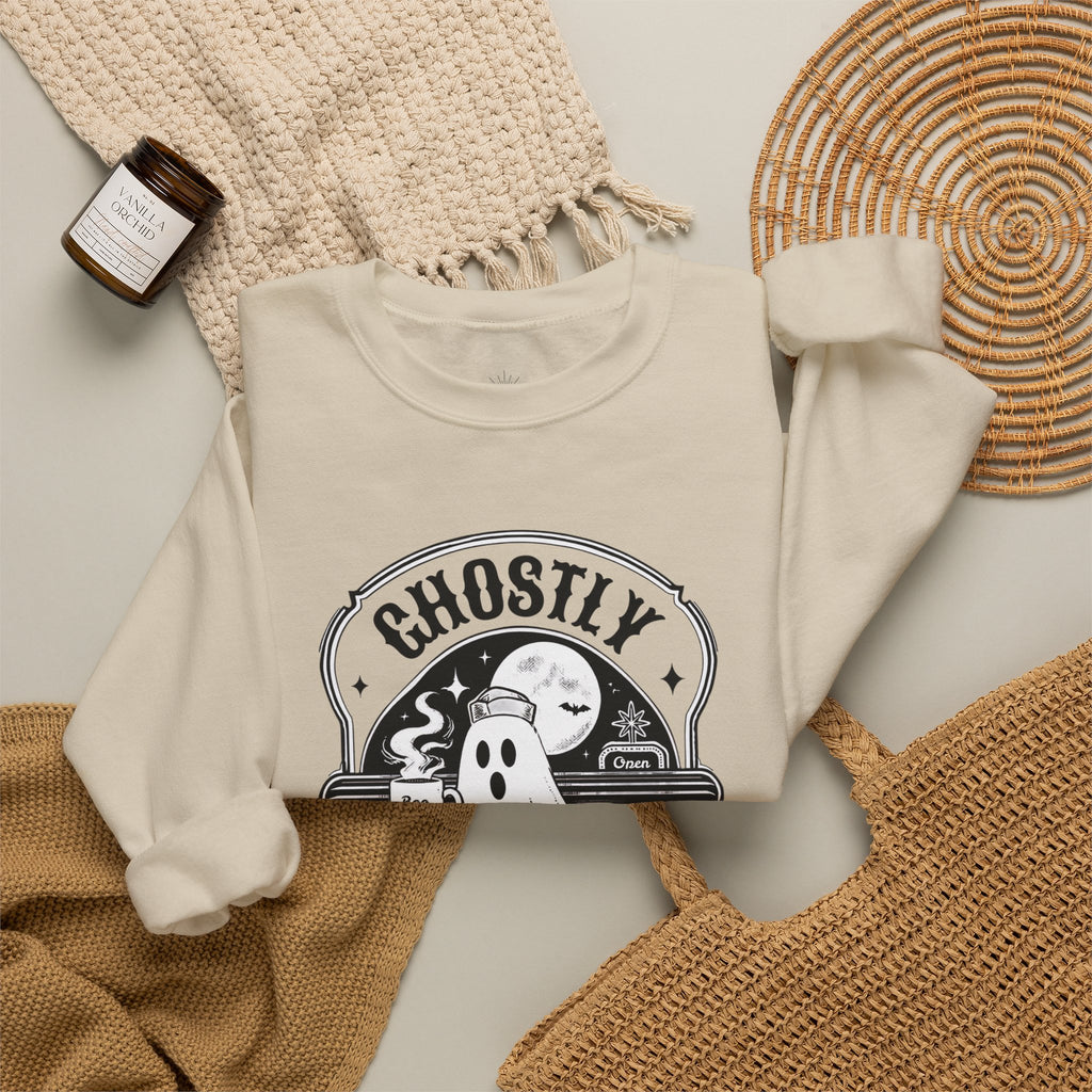 Ghostly Diner Sweatshirt — Vintage Halloween Ghost Café Crewneck