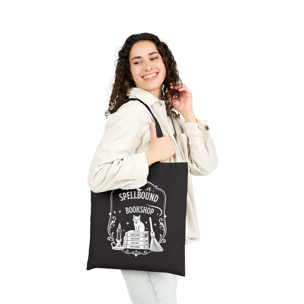 Spellbound Bookshop Tote — Witchy Cat & Stacked Books Canvas Bag