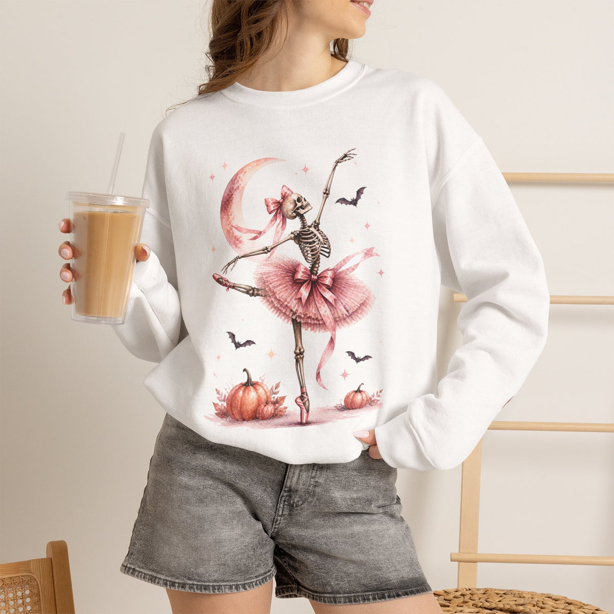 Skeleton Ballerina Ballet Dancer Sweatshirt | Halloween Pumpkin Moon