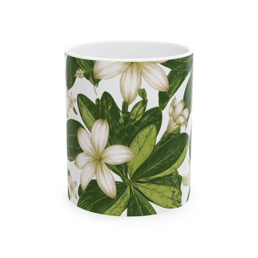 Naupaka Floral Ceramic Mug with white and green Hawaiian half-flower design