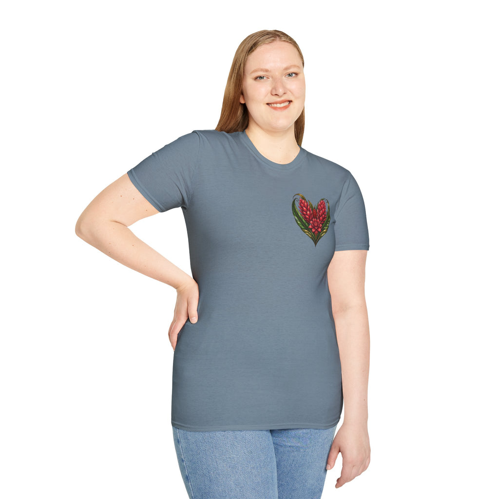 Red Ginger Floral Heart T-Shirt | Tropical Botanical Chest & Back