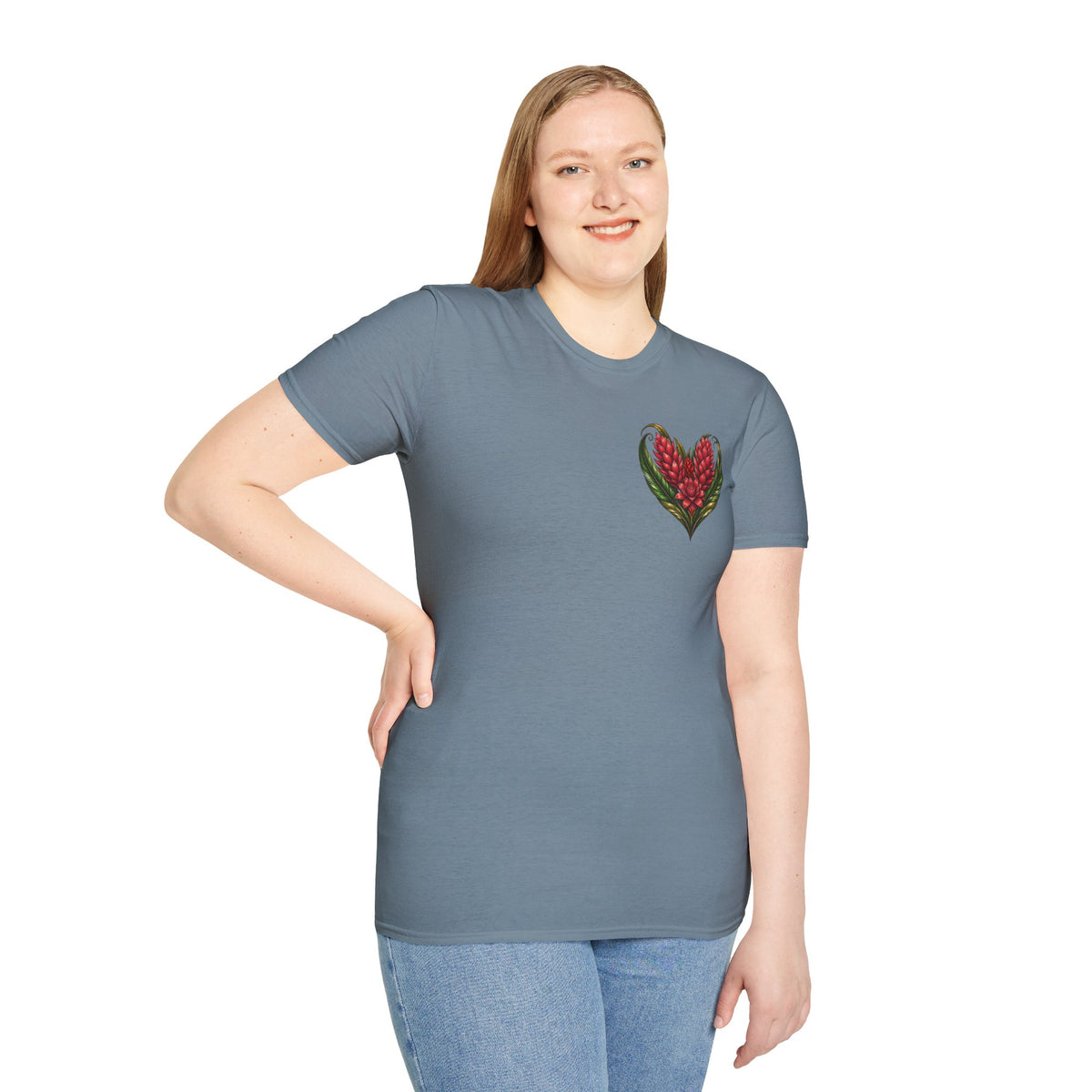 Red Ginger Floral Heart T-Shirt | Tropical Botanical Chest & Back