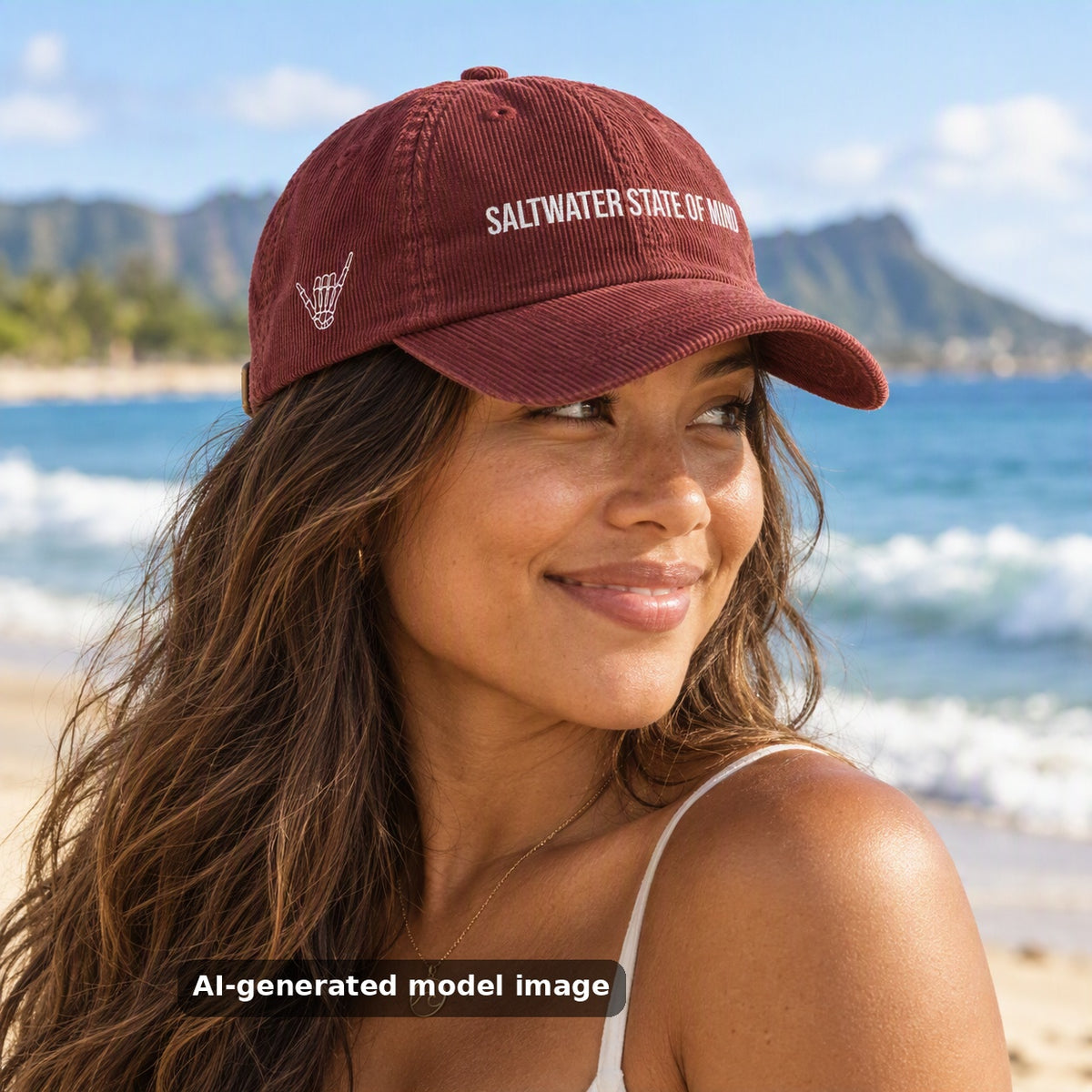 Saltwater State of Mind embroidered corduroy cap — lifestyle photo