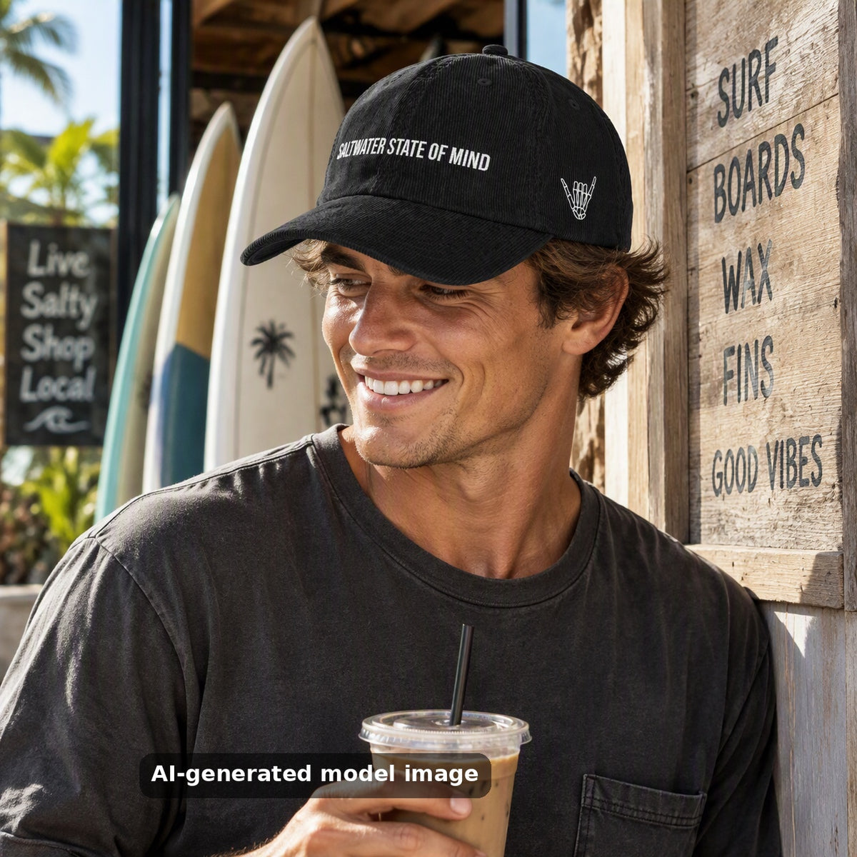 Saltwater State of Mind embroidered corduroy cap — lifestyle photo
