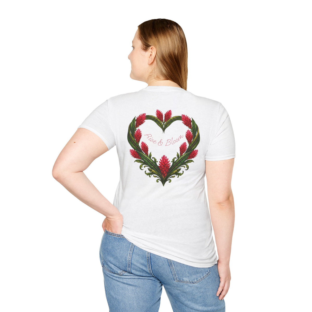 Red Ginger Floral Heart T-Shirt | Tropical Botanical Chest & Back