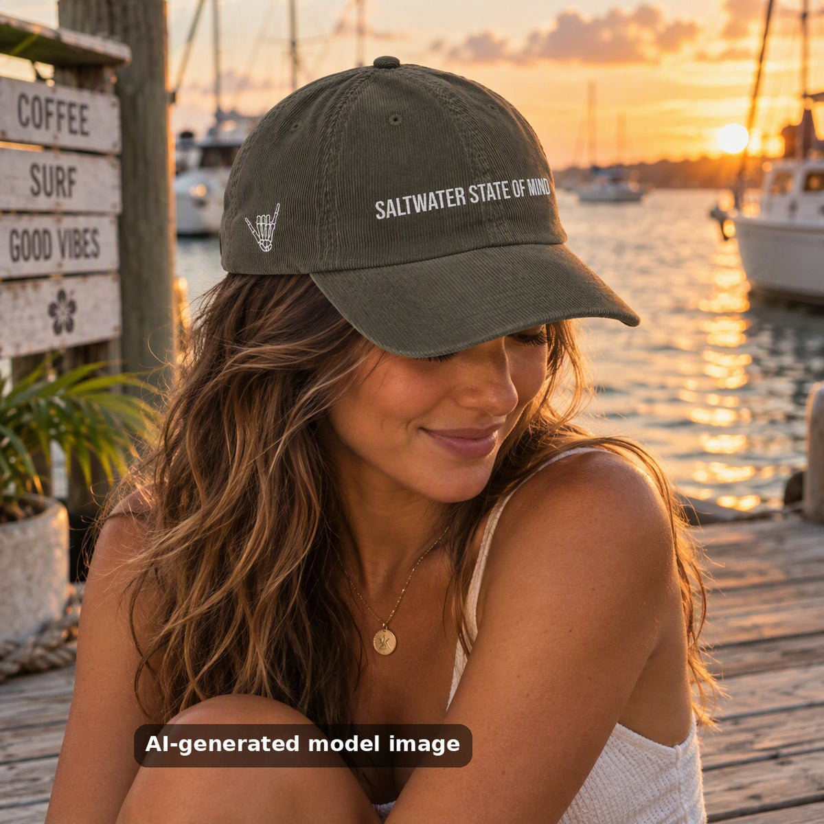Saltwater State of Mind embroidered corduroy cap — lifestyle photo