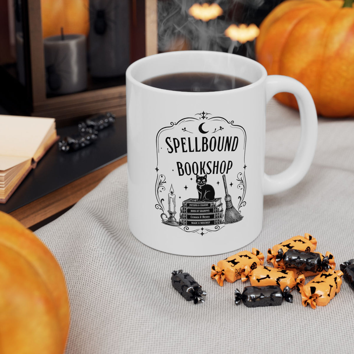 Spellbound Bookshop Mug — Witchy Cat & Stacked Books Coffee Cup
