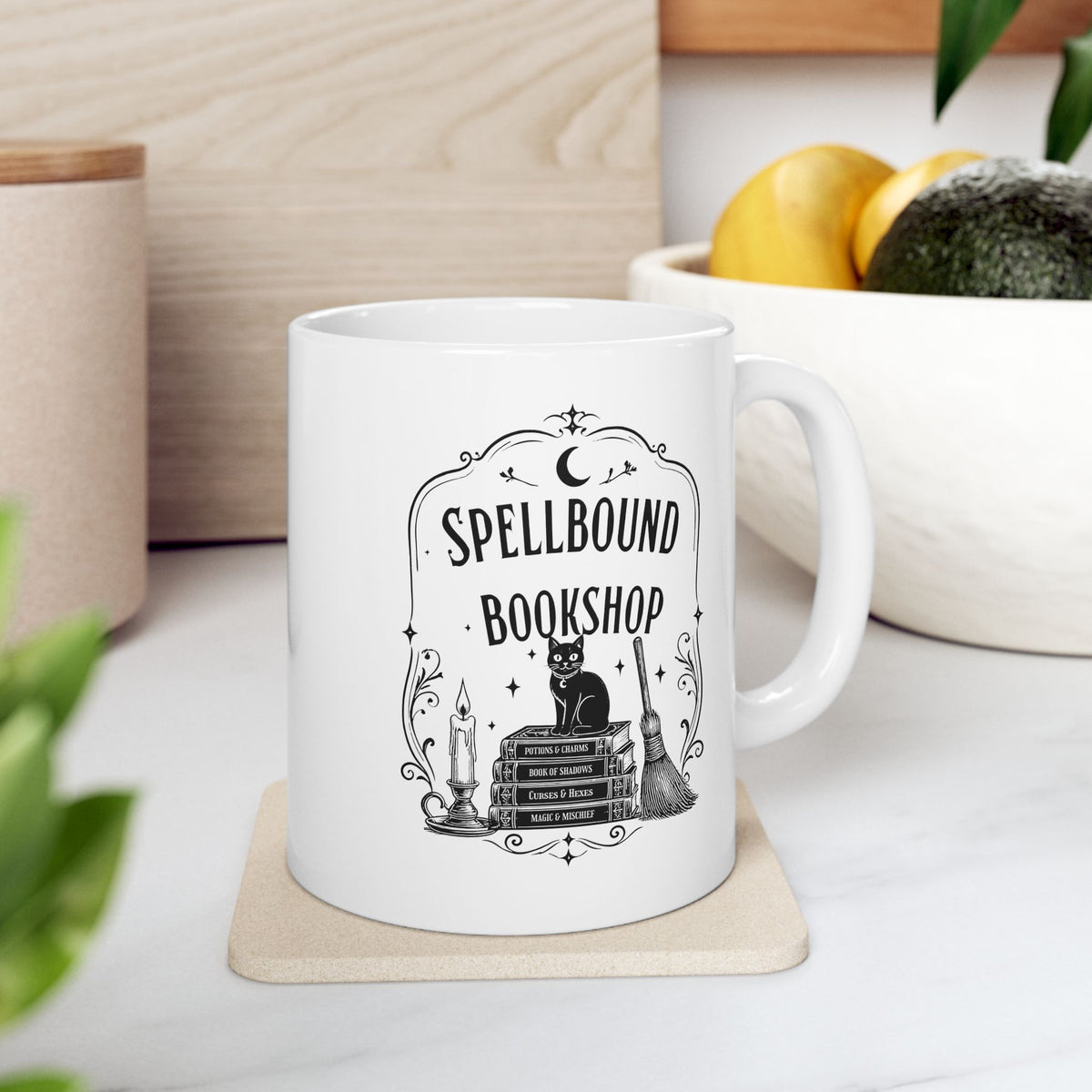 Spellbound Bookshop Mug — Witchy Cat & Stacked Books Coffee Cup