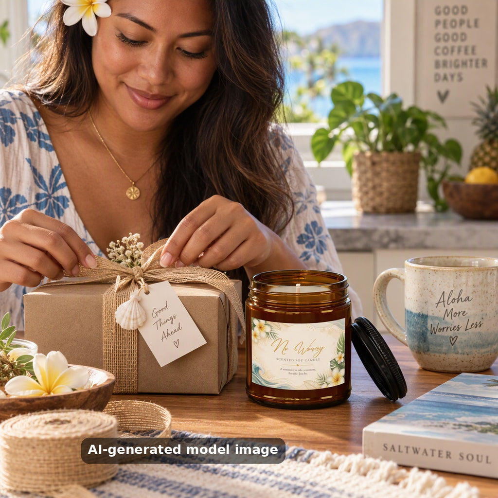 No Worry scented soy candle in an amber jar — lifestyle photo