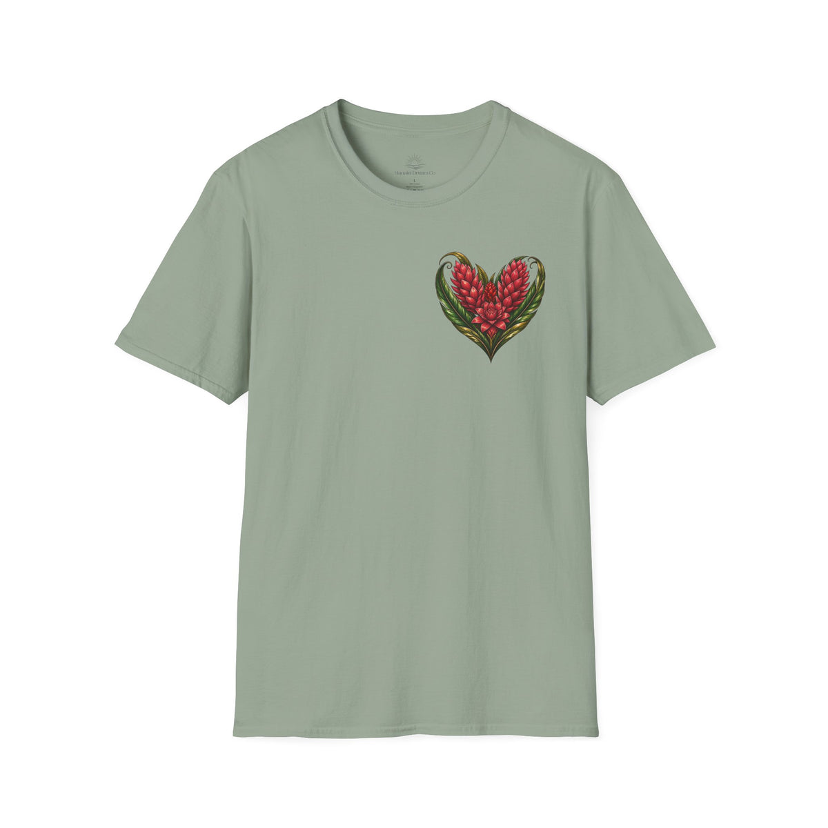 Red Ginger Floral Heart T-Shirt | Tropical Botanical Chest & Back