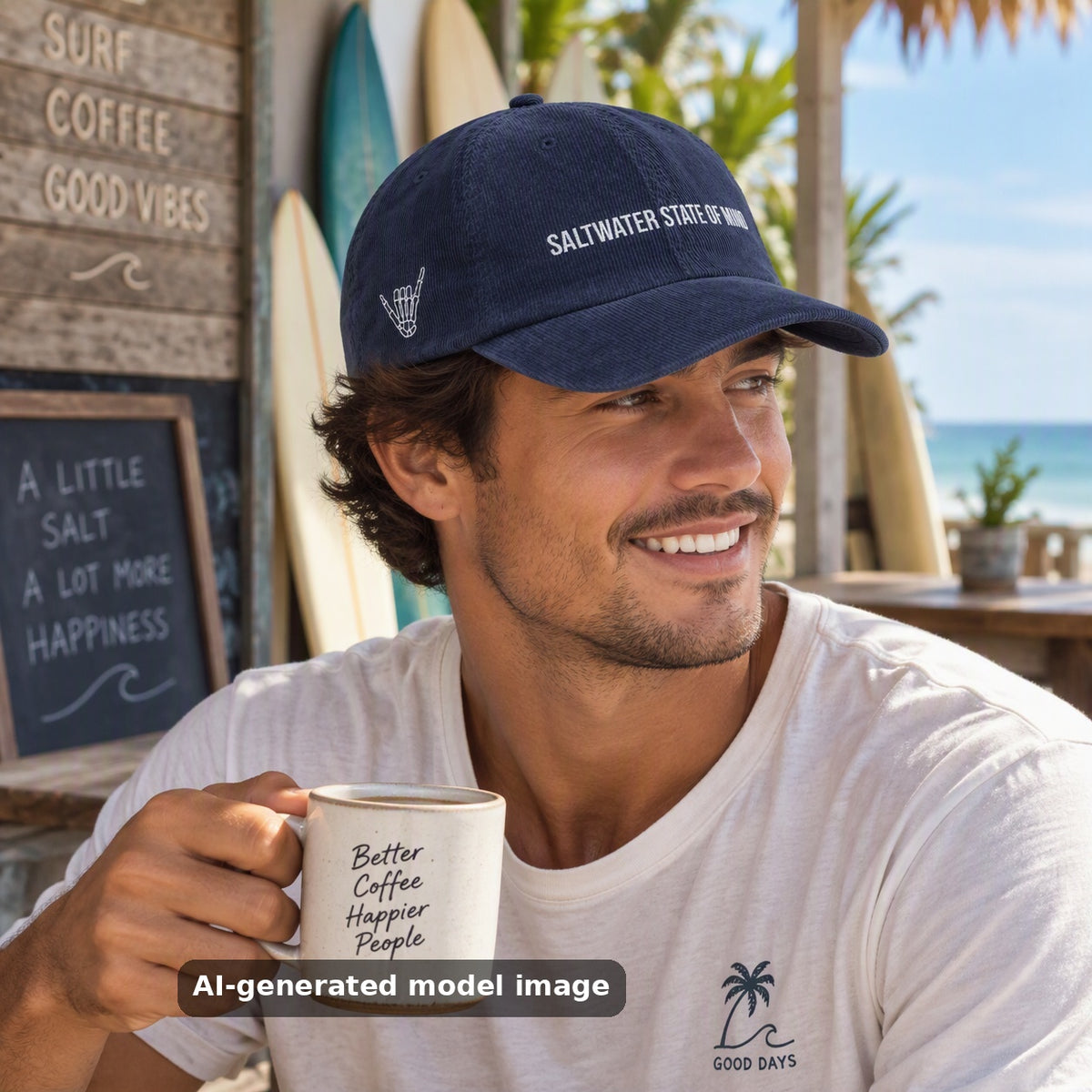 Saltwater State of Mind embroidered corduroy cap — lifestyle photo