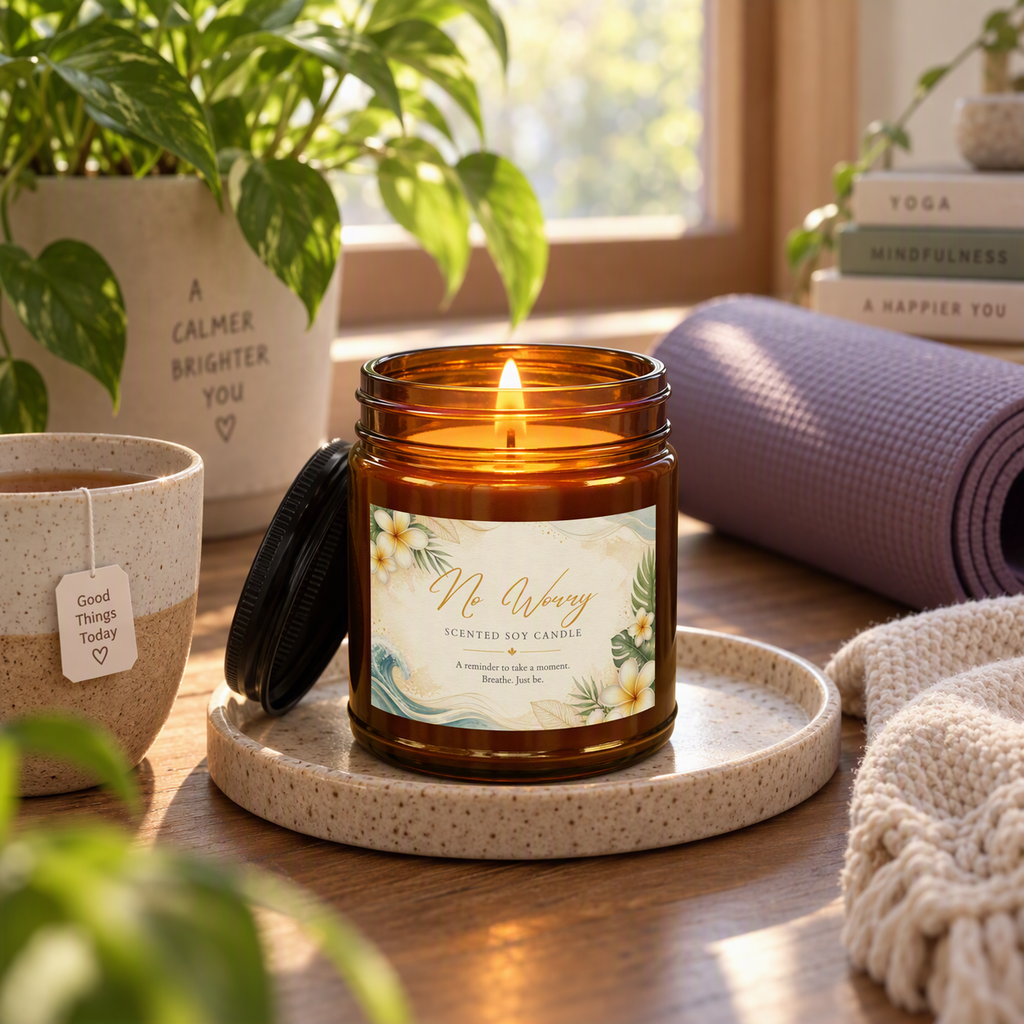 No Worry scented soy candle in an amber jar — lifestyle photo