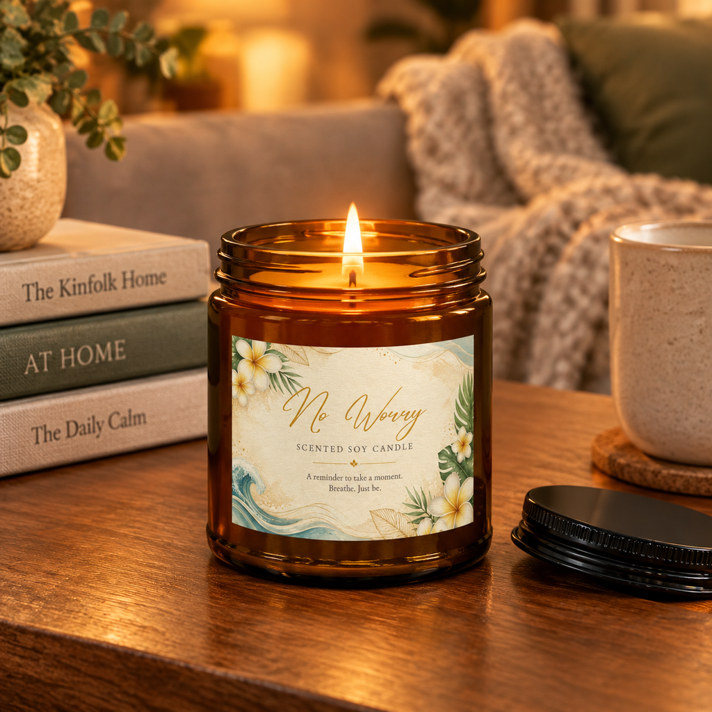 No Worry scented soy candle in an amber jar — lifestyle photo