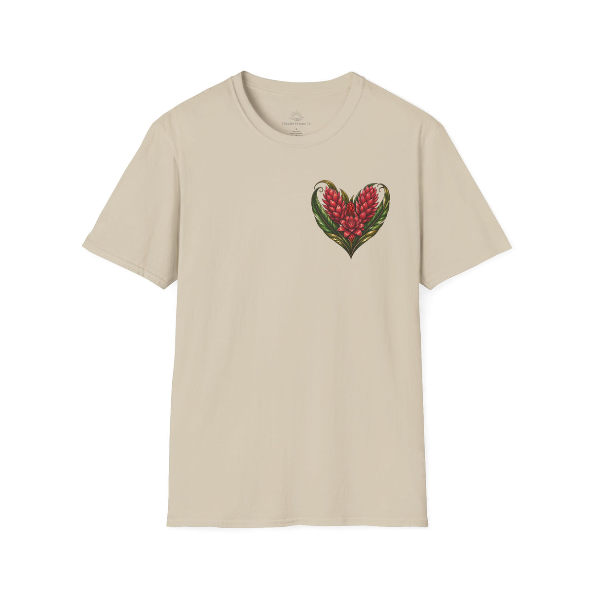 Red Ginger Floral Heart T-Shirt | Tropical Botanical Chest & Back