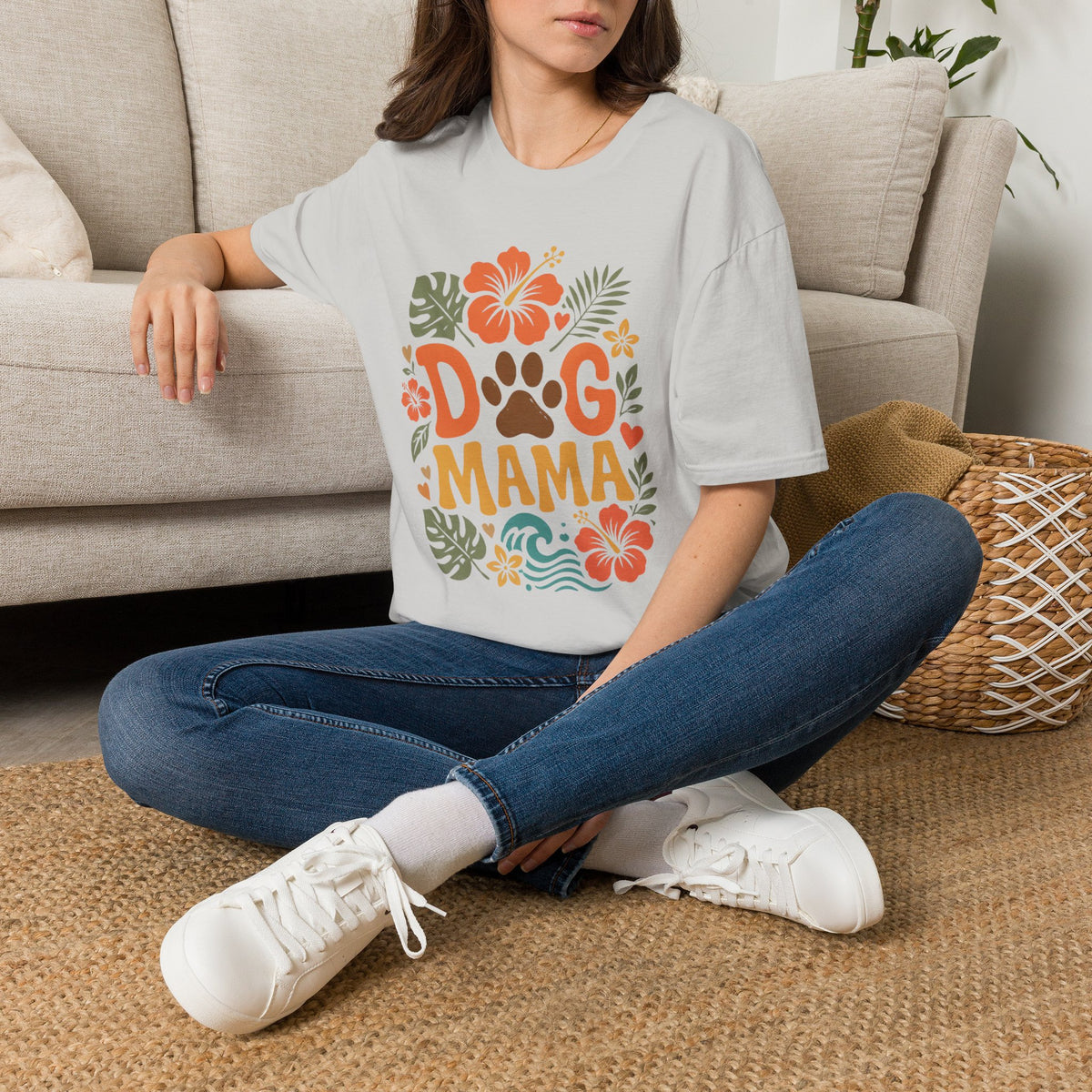“DOG MAMA” Floral Paw Print Tropical Tee