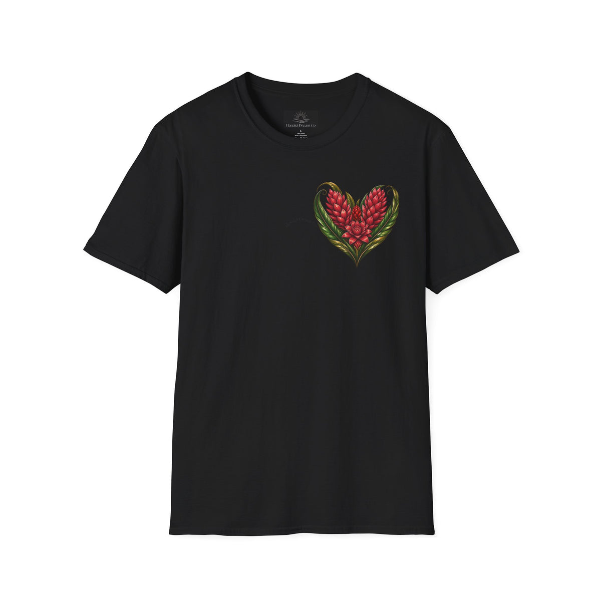 Red Ginger Floral Heart T-Shirt | Tropical Botanical Chest & Back
