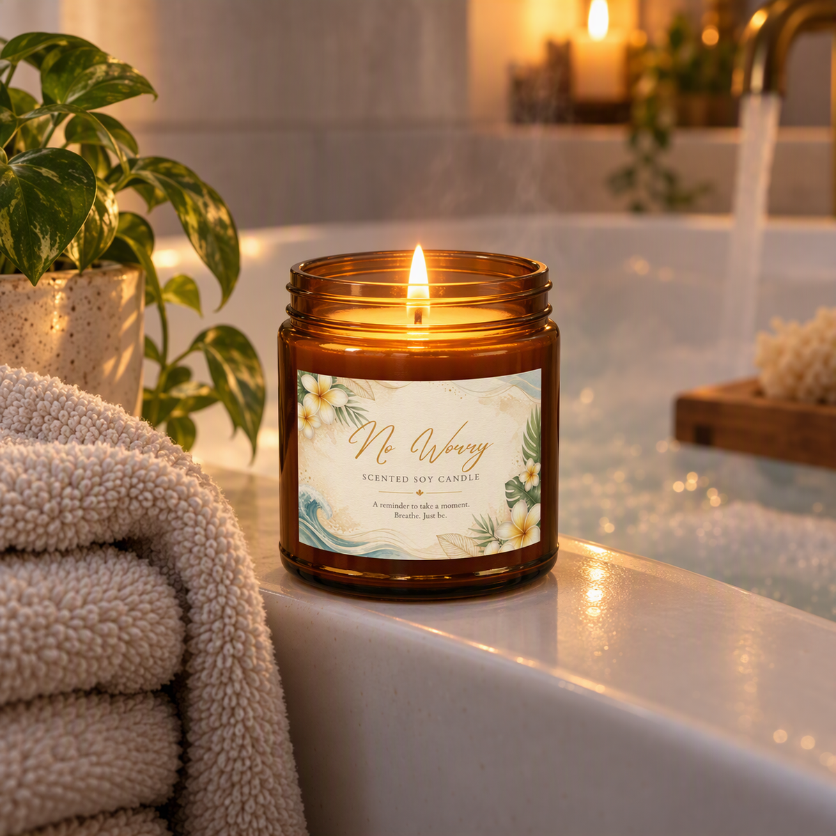 No Worry scented soy candle in an amber jar — lifestyle photo