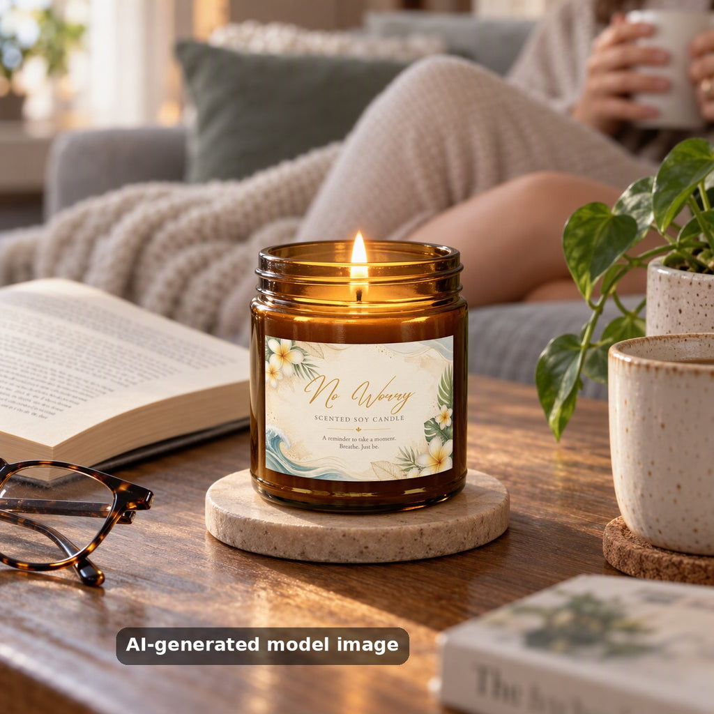 No Worry scented soy candle in an amber jar — lifestyle photo