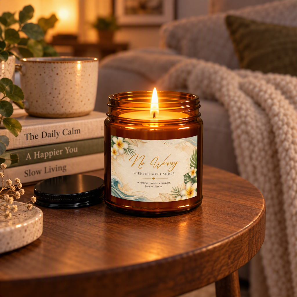 No Worry scented soy candle in an amber jar — lifestyle photo