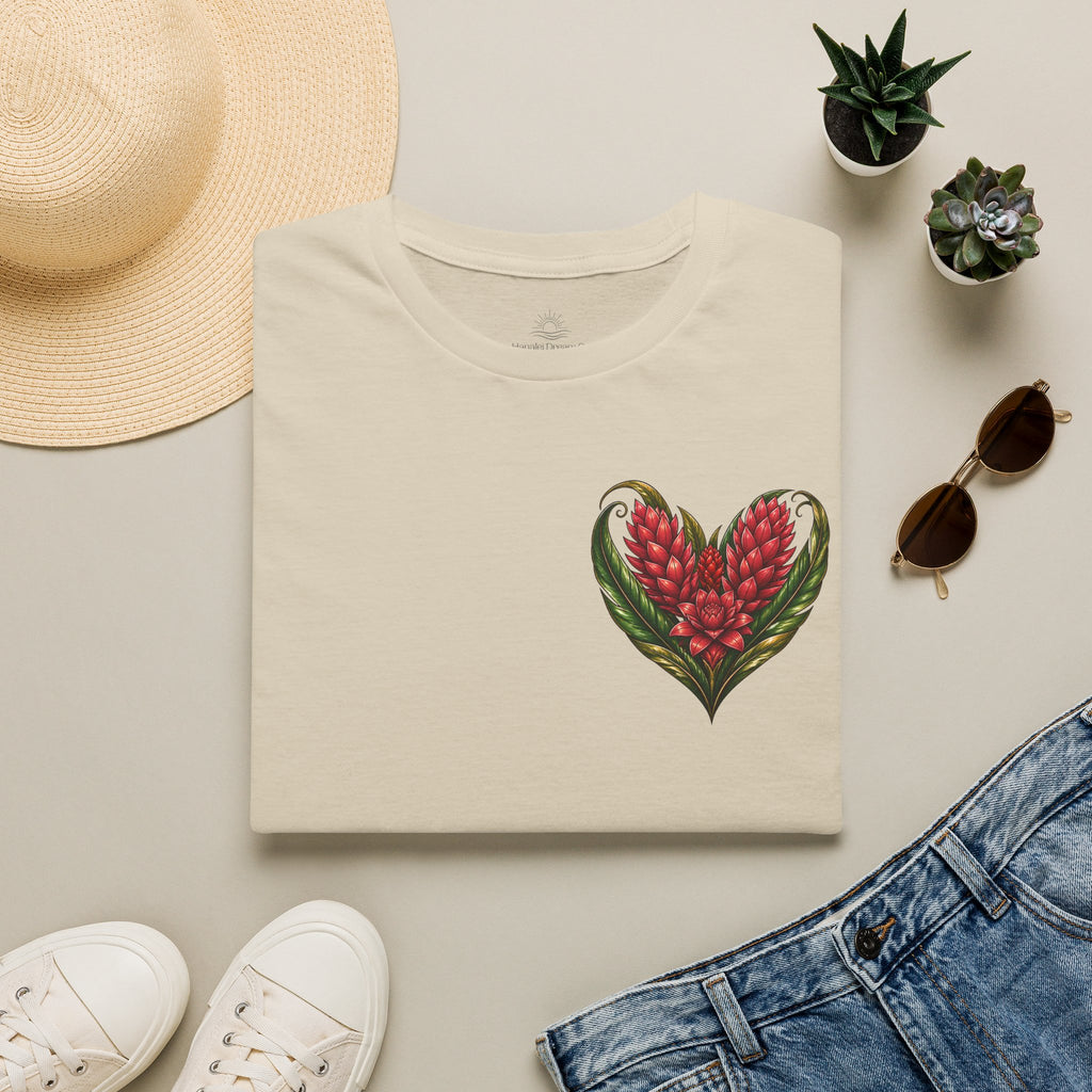 Red Ginger Floral Heart T-Shirt | Tropical Botanical Chest & Back