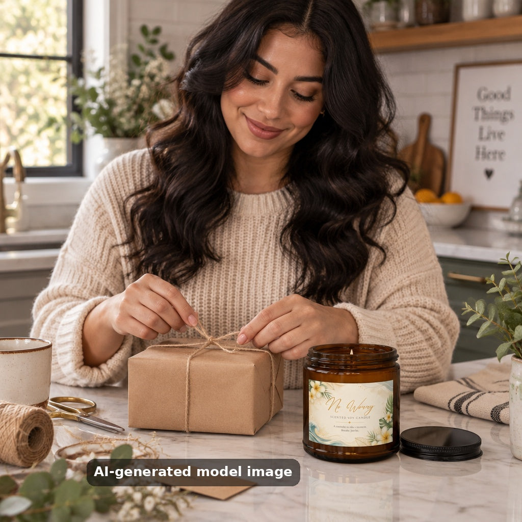 No Worry scented soy candle in an amber jar — lifestyle photo