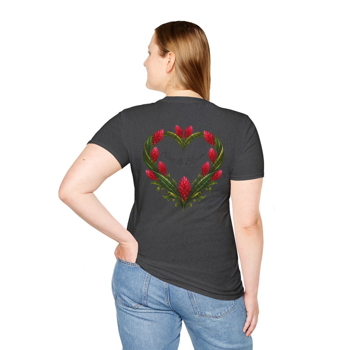 Red Ginger Floral Heart T-Shirt | Tropical Botanical Chest & Back
