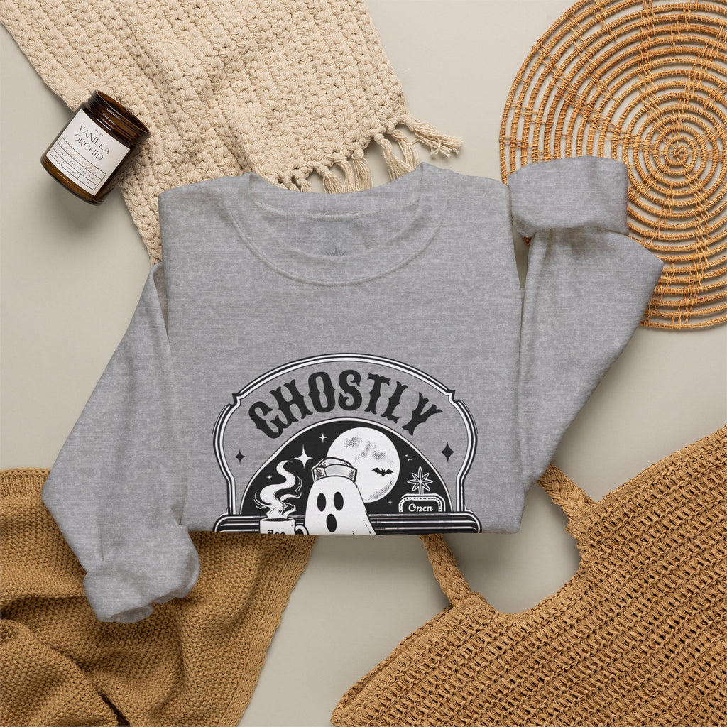 Ghostly Diner Sweatshirt — Vintage Halloween Ghost Café Crewneck