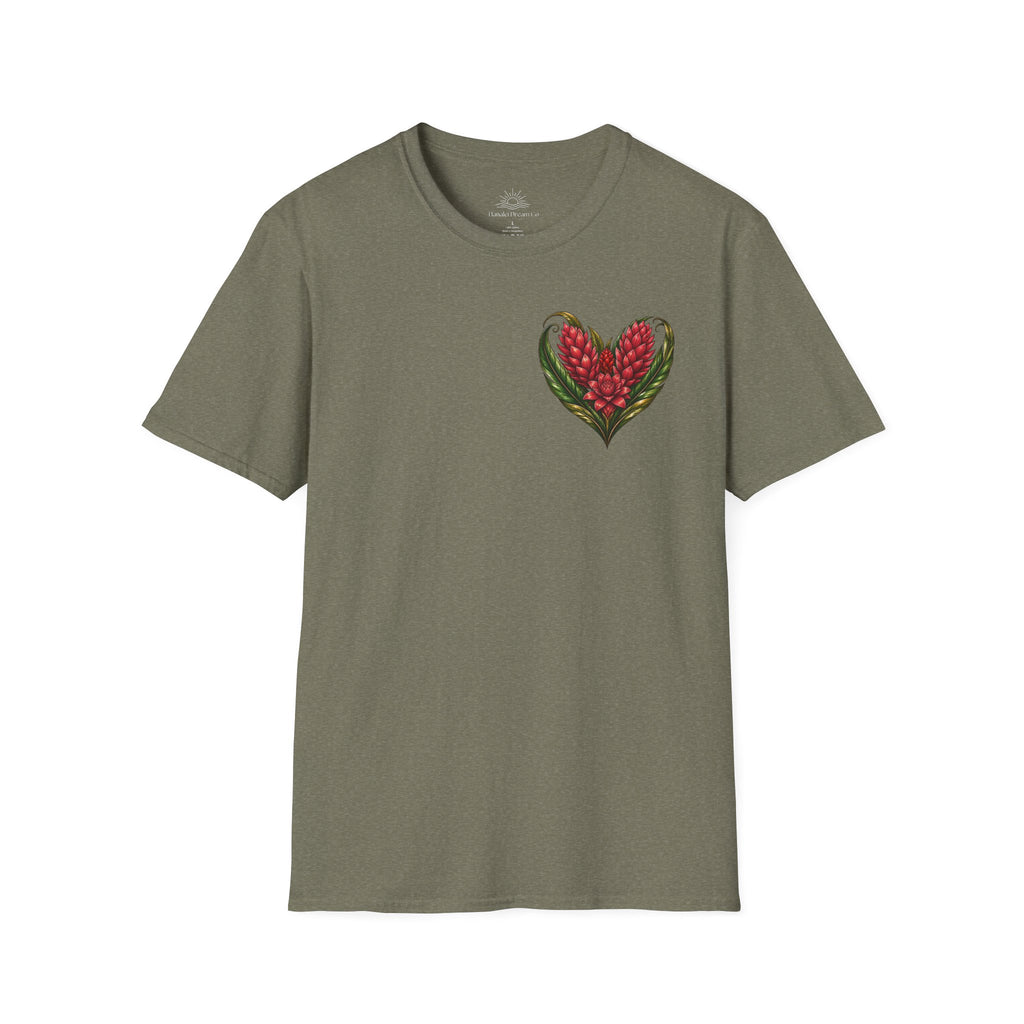 Red Ginger Floral Heart T-Shirt | Tropical Botanical Chest & Back