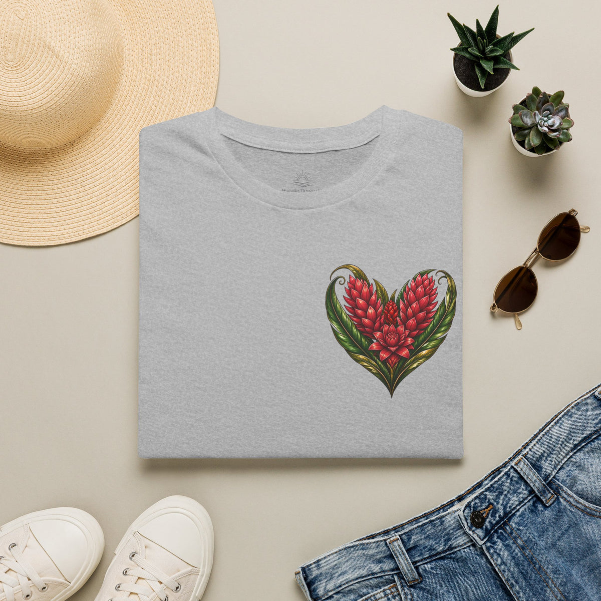 Red Ginger Floral Heart T-Shirt | Tropical Botanical Chest & Back