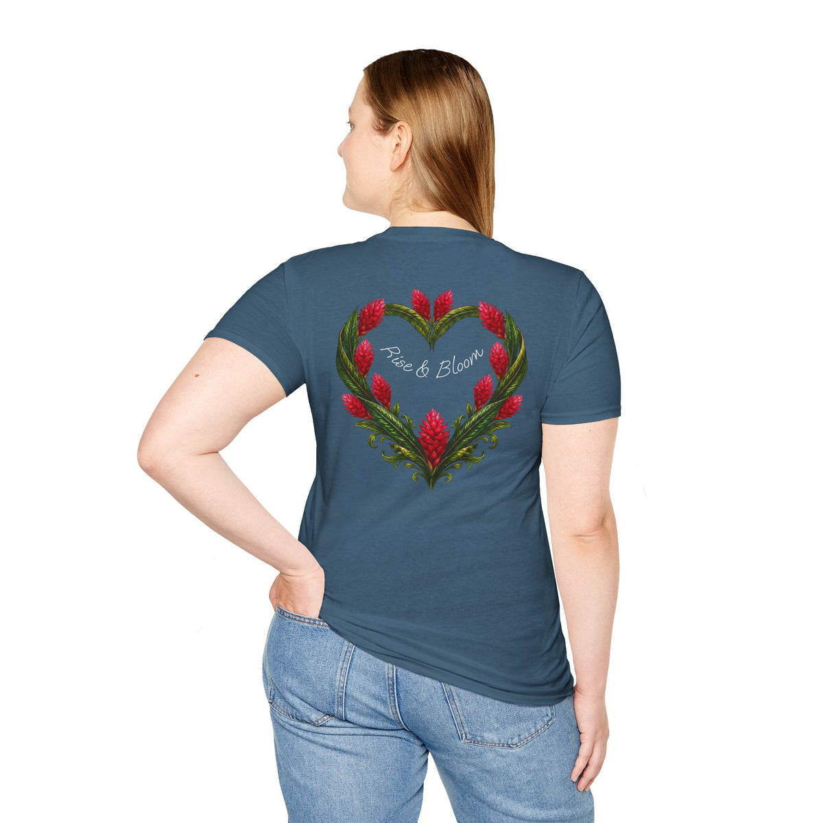 Red Ginger Floral Heart T-Shirt | Tropical Botanical Chest & Back