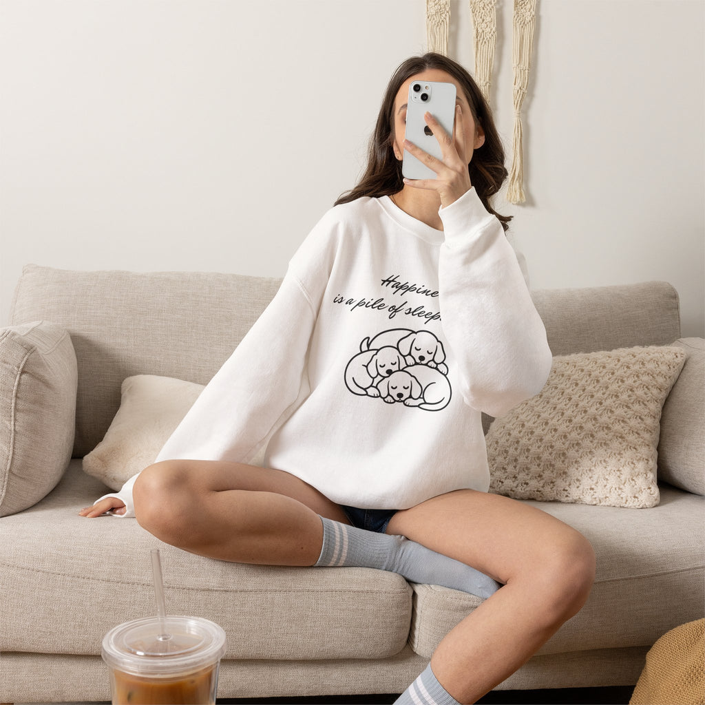 “Happiness Is a Pile of Sleeping Pups” Puppy Crewneck