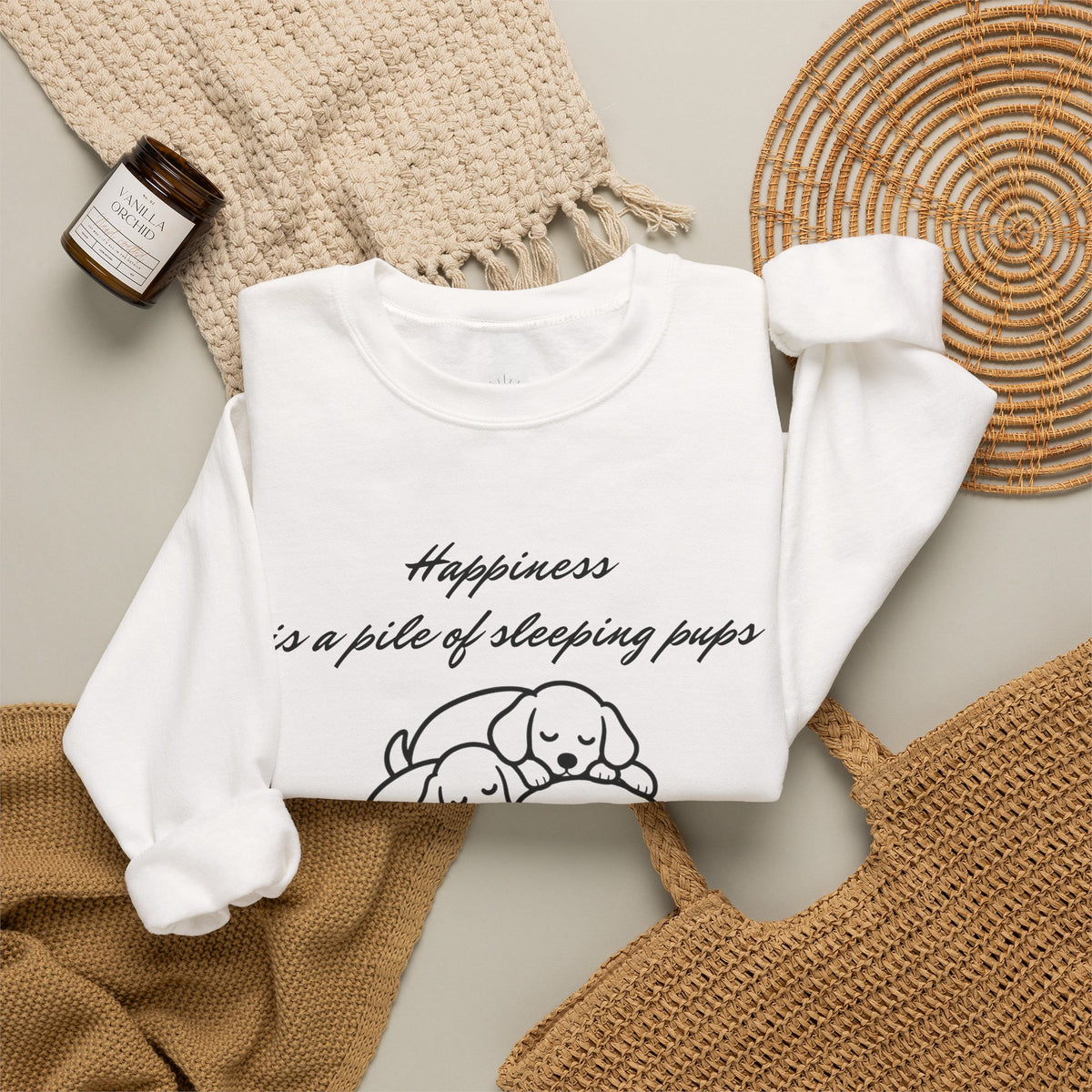 “Happiness Is a Pile of Sleeping Pups” Puppy Crewneck
