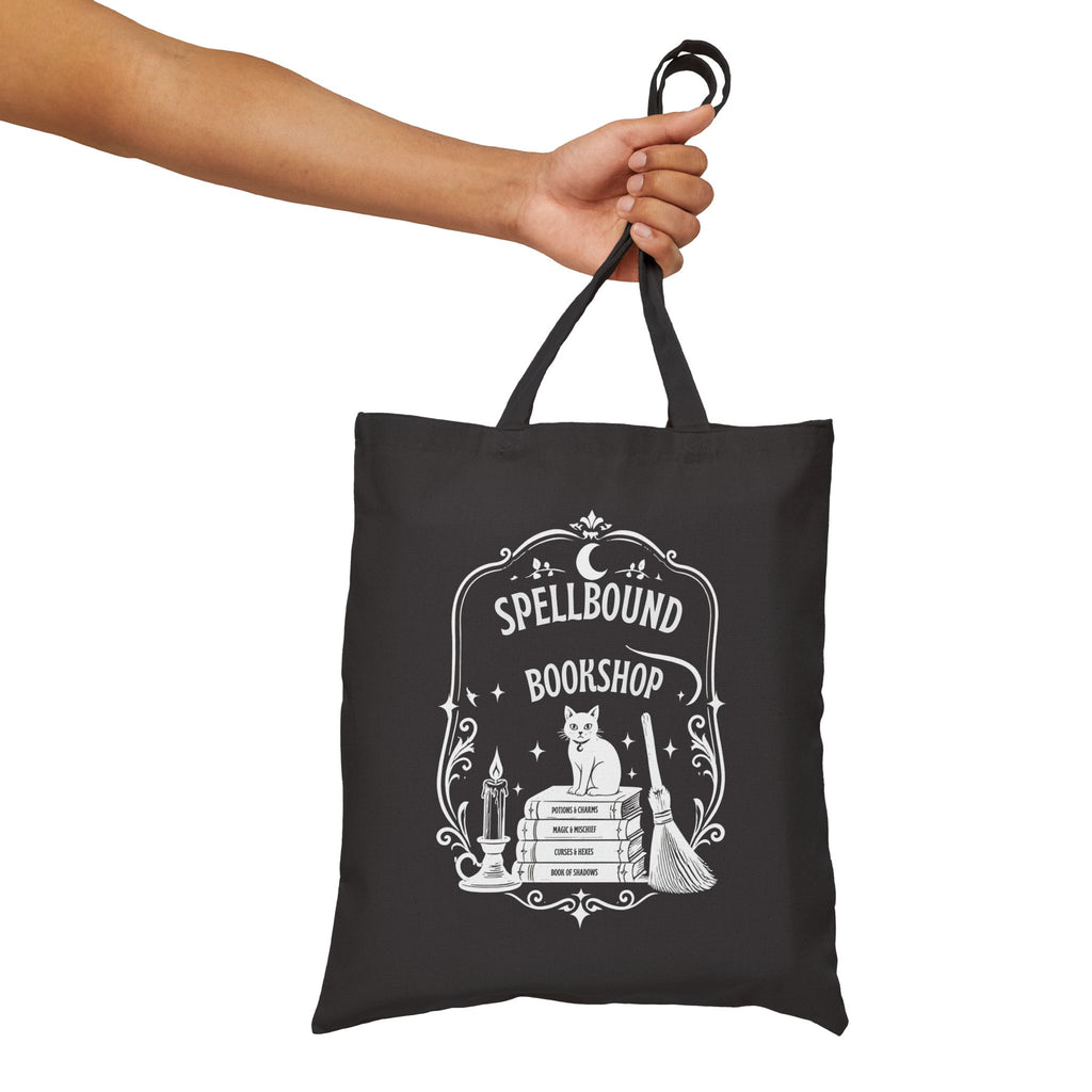 Spellbound Bookshop Tote — Witchy Cat & Stacked Books Canvas Bag