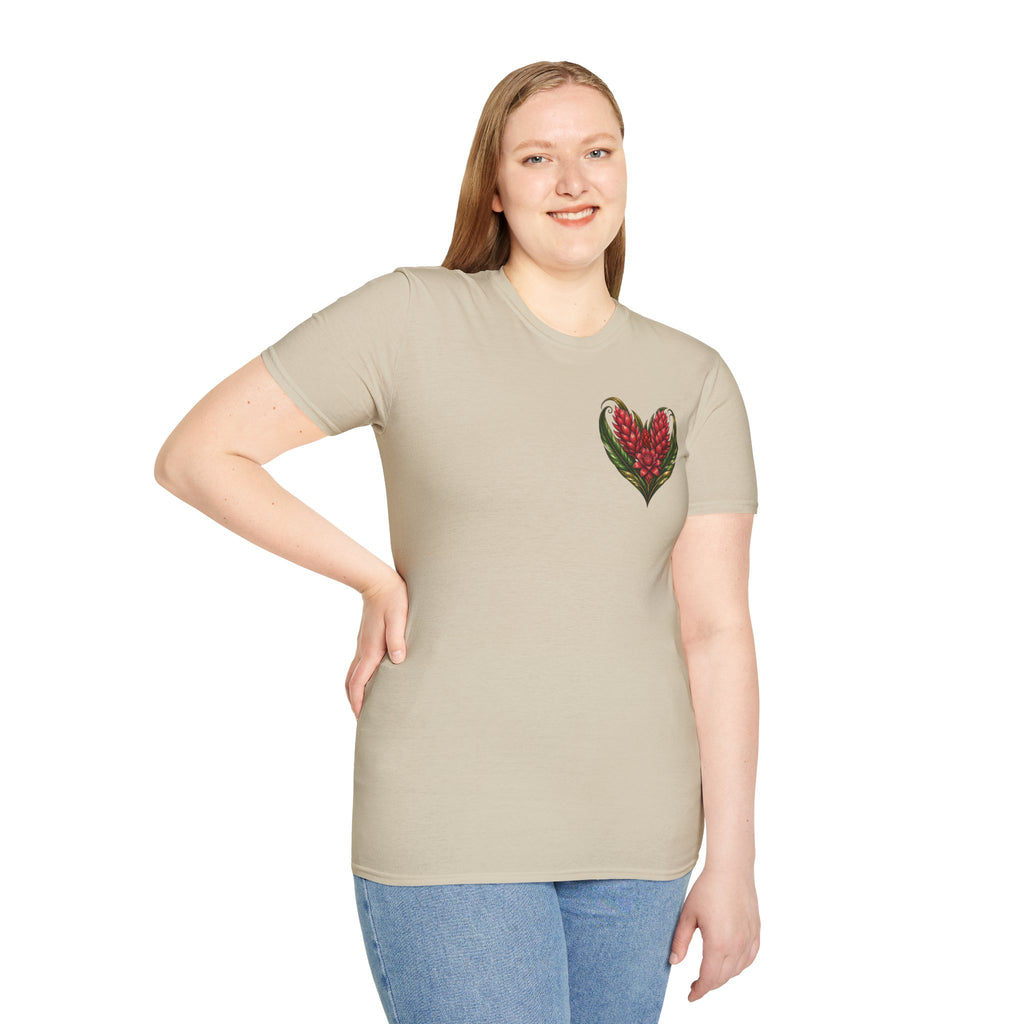 Red Ginger Floral Heart T-Shirt | Tropical Botanical Chest & Back