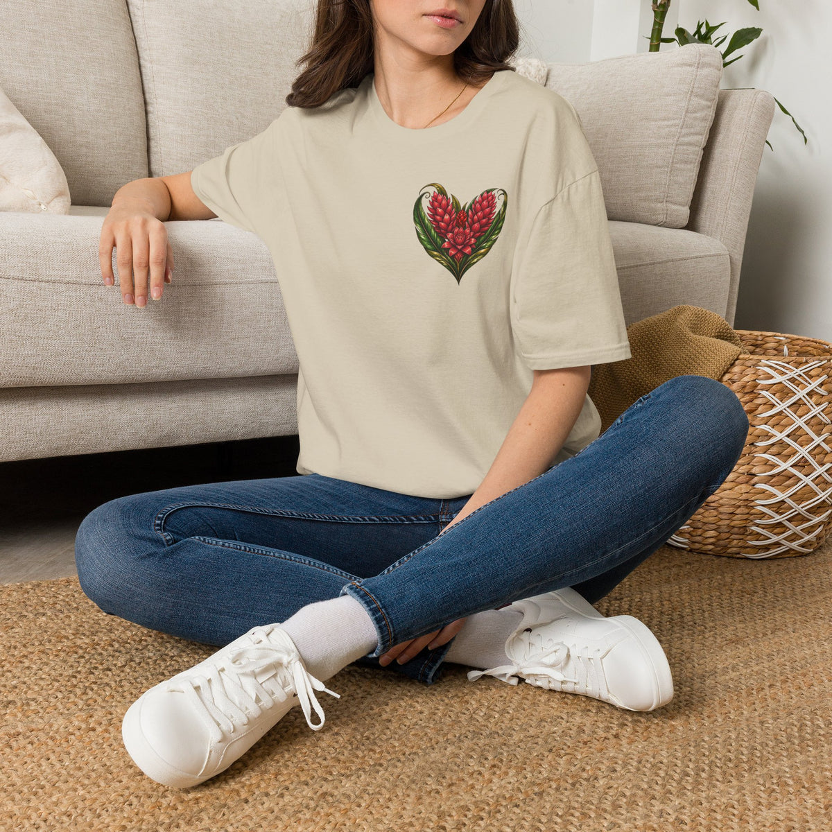 Red Ginger Floral Heart T-Shirt | Tropical Botanical Chest & Back