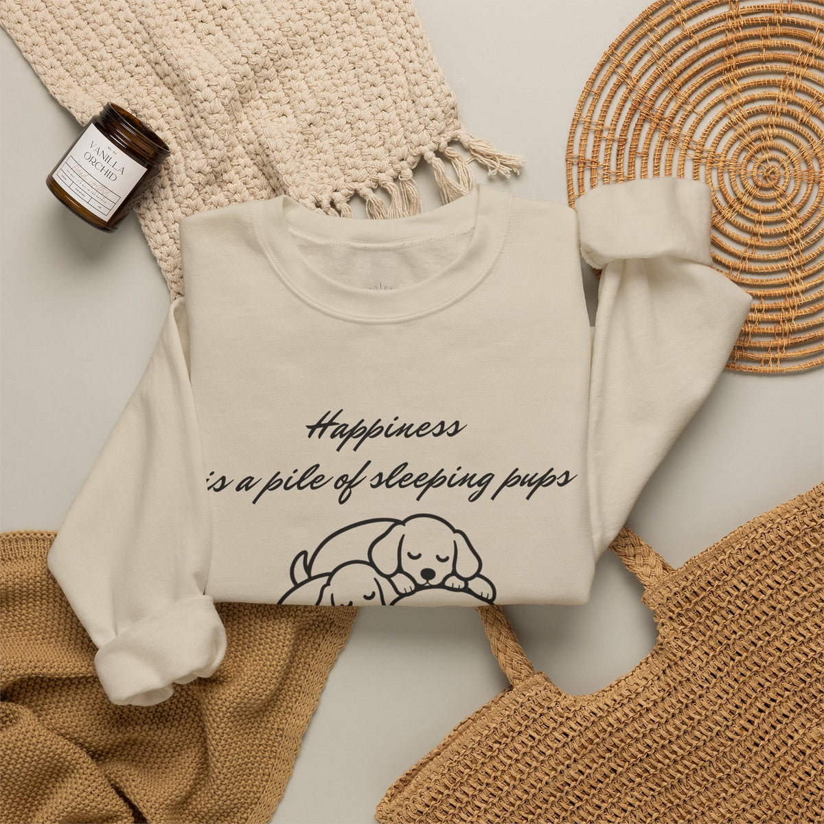 “Happiness Is a Pile of Sleeping Pups” Puppy Crewneck