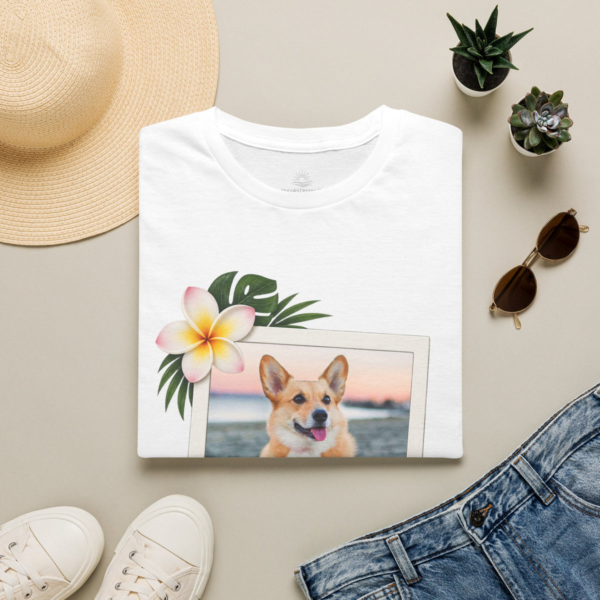 Personalized Pet Photo Polaroid Tee – Floral Frame, Custom Name