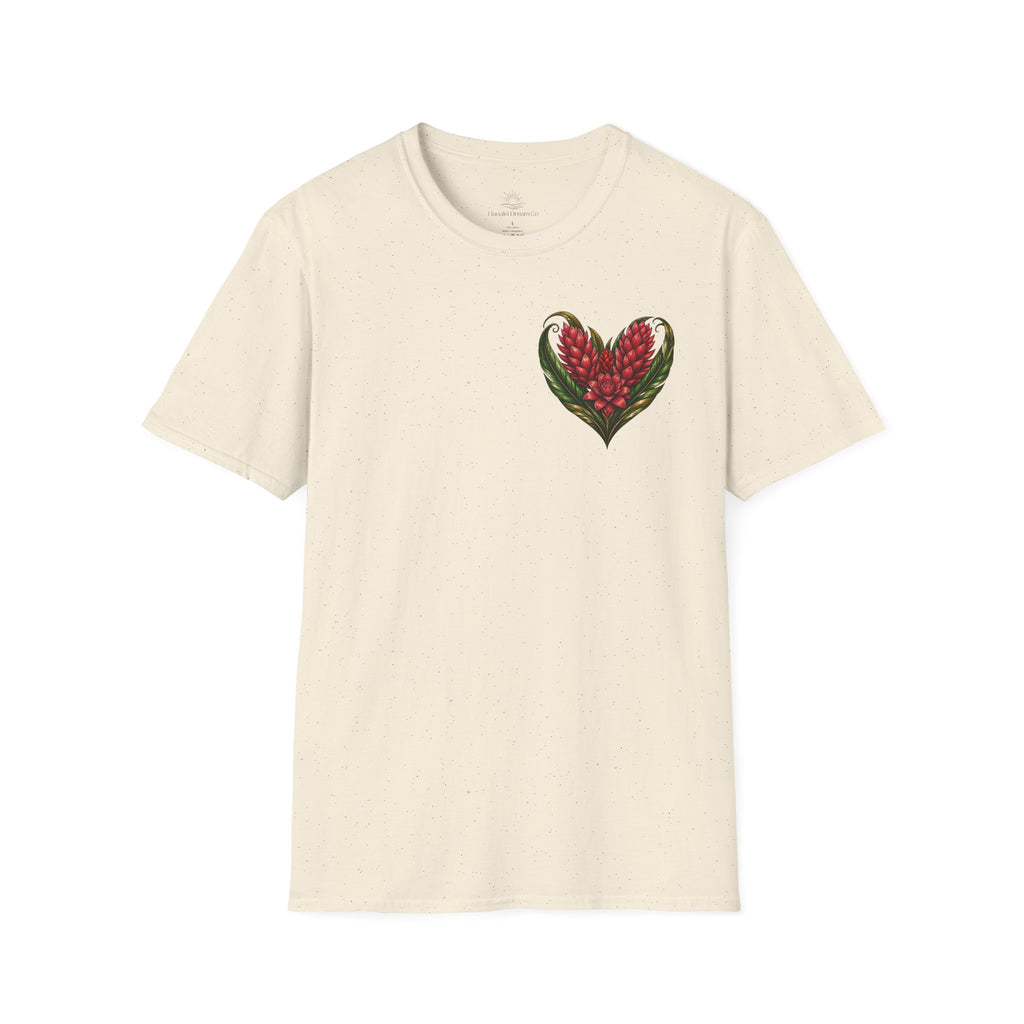 Red Ginger Floral Heart T-Shirt | Tropical Botanical Chest & Back
