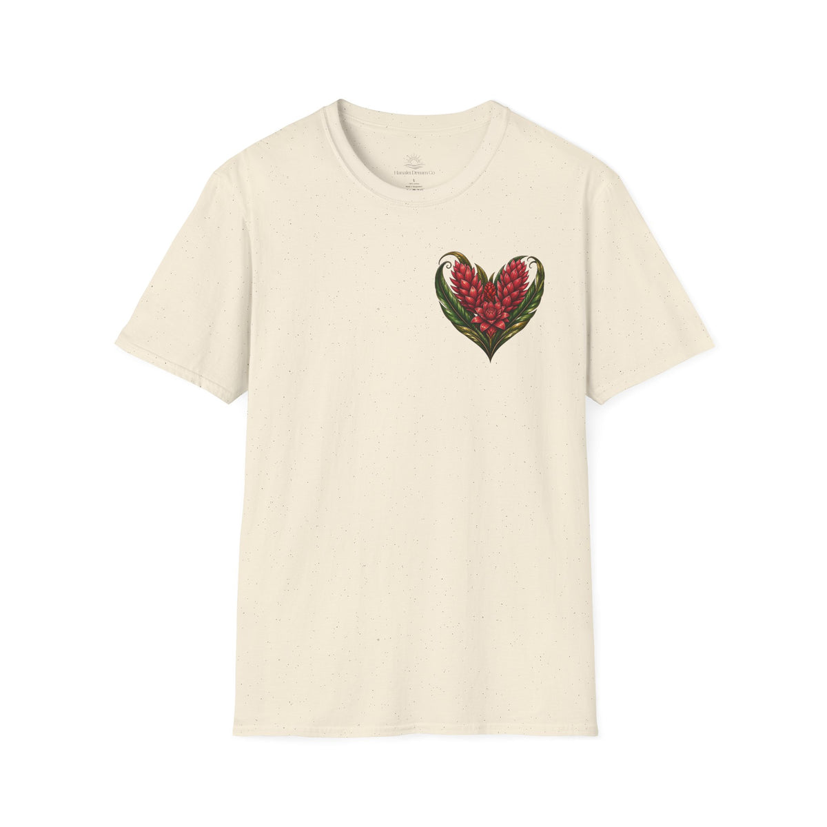 Red Ginger Floral Heart T-Shirt | Tropical Botanical Chest & Back
