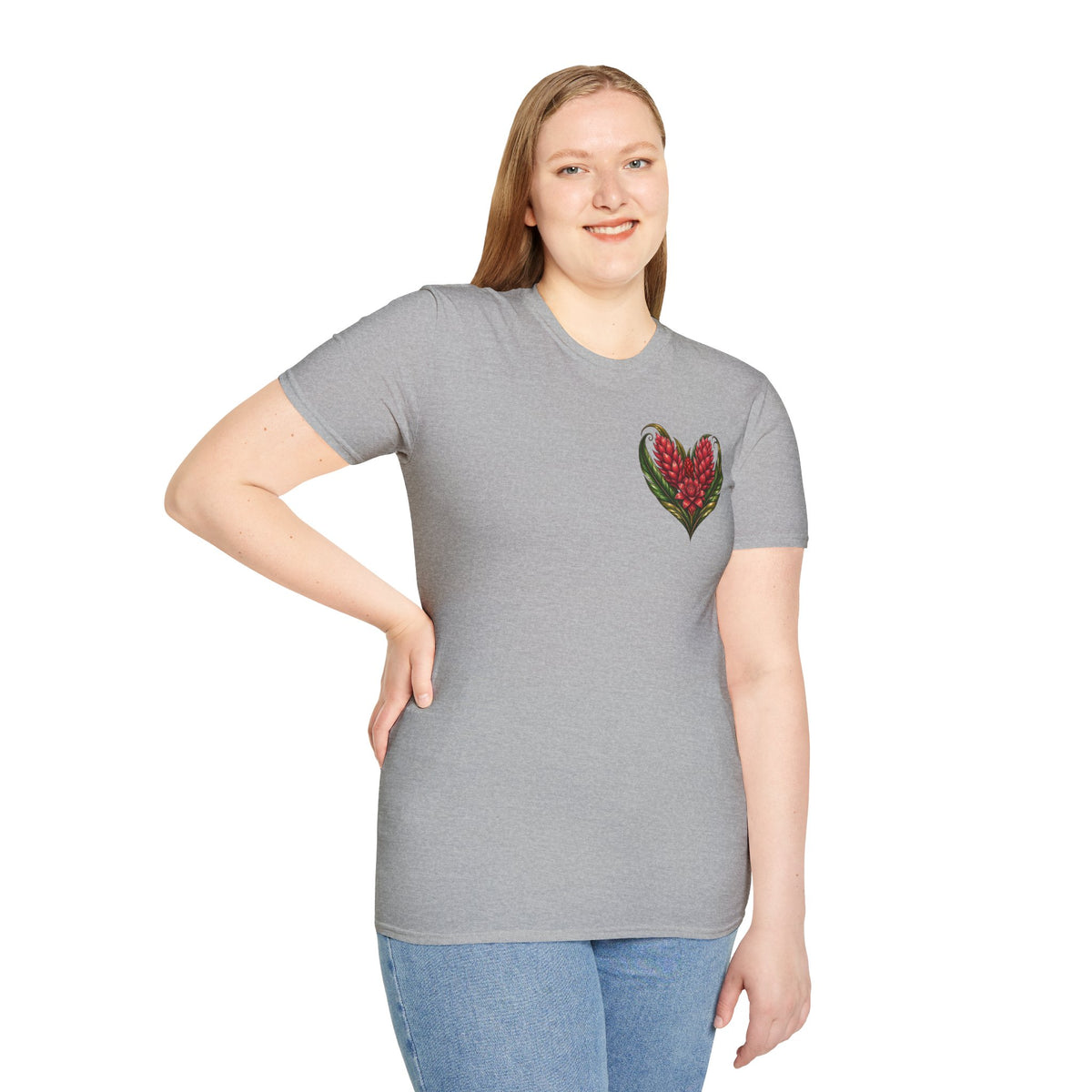 Red Ginger Floral Heart T-Shirt | Tropical Botanical Chest & Back